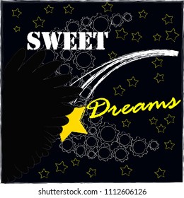 Good Night and Sweet Dreams.Night scene with moon,stars,shooting star and wings from the owl.Nature.