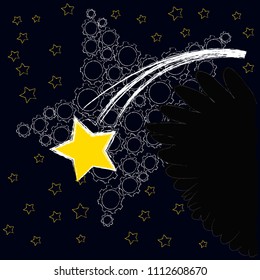 Good Night and Sweet Dreams.Night scene with stats,shooting star and wings from the owl.Nature.