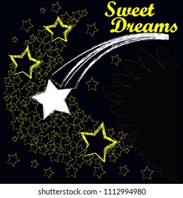 Good Night and Sweet Dreams.Night scene with moon,stars,shooting star and wings from the owl.Nature.