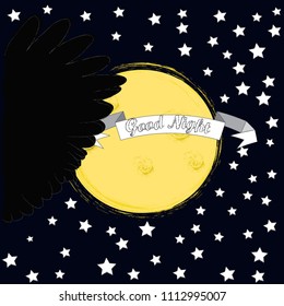 Good Night and Sweet Dreams.Night scene with moon,stars,shooting star and wings from the owl.Nature.