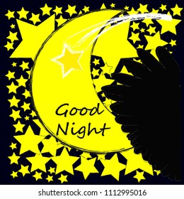 Good Night and Sweet Dreams.Night scene with moon,stars,shooting star and wings from the owl.Nature.