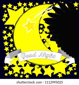Good Night and Sweet Dreams.Night scene with moon,stars,shooting star and wings from the owl.Nature.
