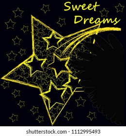 Good Night and Sweet Dreams.Night scene with stars ,shooting star and wings from the owl.Nature.