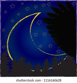 Good Night and Sweet Dreams.Night scene with moon,stars nad wings from the owl.Nature.