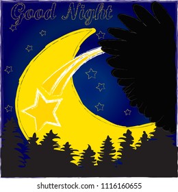 Good Night and Sweet Dreams.Night scene with moon,stars nad wings from the owl.Nature.