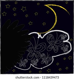 Good Night and Sweet Dreams.Night scene with moon,stars and wings from the owl.Nature.