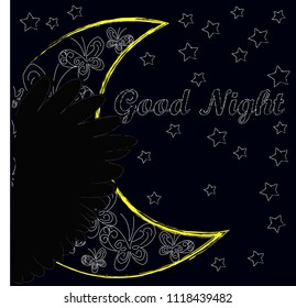 Good Night and Sweet Dreams.Night scene with moon,stars and wings from the owl.Nature.