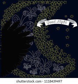 Good Night and Sweet Dreams.Night scene with moon,stars and wings from the owl.Nature.