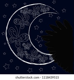 Good Night and Sweet Dreams.Night scene with moon,stars and wings from the owl.Nature.