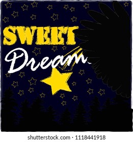 Good Night and Sweet Dreams.Night scene with stars and wings from the owl.Nature.