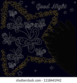 Good Night and Sweet Dreams.Night scene with stars and wings from the owl.Nature.