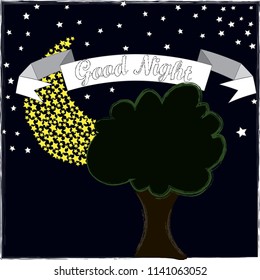 Good Night and Sweet Dreams.Night scene with moon,stars and tree.Nature.