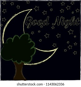 Good Night and Sweet dreams.Night scene with moon,stars and the tree.Nature.