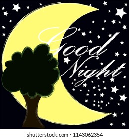 Good Night and Sweet dreams.Night scene with moon,stars and the tree.Nature.