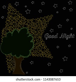 Good Night and Sweet Dreams.Night scene with moon,stars and the tree.Nature.