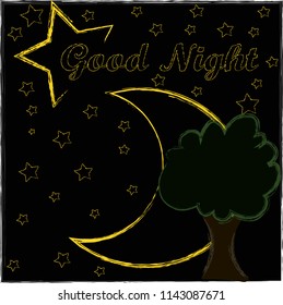 Good Night and Sweet Dreams.Night scene with moon,stars and the tree.Nature.