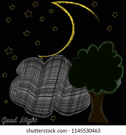 Good Night and Sweet Dreams.Night scene with moon,stars and the tree.Nature.