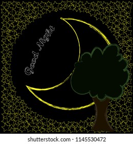 Good Night and Sweet Dreams.Night scene with moon,stars and the tree.Nature.