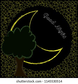 Good Night and Sweet Dreams.Night scene with moon,stars and the tree.Nature.