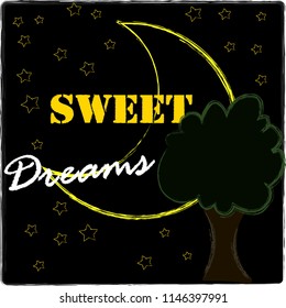 Good Night and Sweet Dreams.Night scene with moon,stars and the tree.Nature.