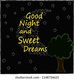 Good Night and Sweet Dreams.Night scene with moon,stars and the tree.Nature.