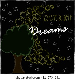 Good Night and Sweet Dreams.Night scene with moon,stars and the tree.Nature.
