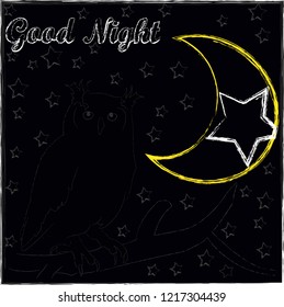Good Night and Sweet Dreams.Night scene with moon,stars and owl.Nature.