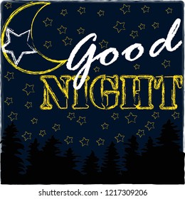 Good Night and Sweet Dreams.Night scene with moon,stars in the woods.Nature.