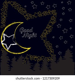 Good Night and Sweet Dreams.Night scene with moon,stars in the woods.Nature.