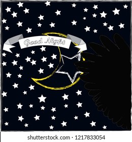 Good Night and Sweet Dreams.Night scene with moon,stars the wings from the owl.Nature.