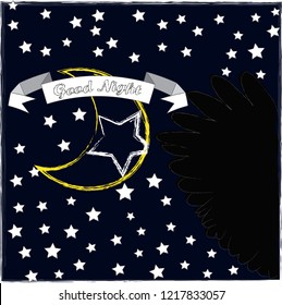 Good Night and Sweet Dreams.Night scene with moon,stars the wings from the owl.Nature.
