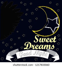 Good Night and Sweet Dreams.Night scene with moon,stars the wings from the owl.Nature.