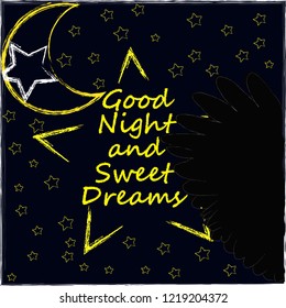 Good Night and Sweet Dreams.Night scene with moon,stars and wings from the owl.Nature.