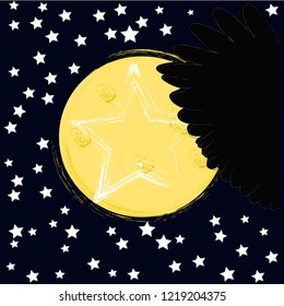 Good Night and Sweet Dreams.Night scene with moon,stars and wings from the owl.Nature.