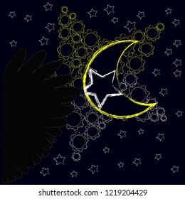 Good Night and Sweet Dreams.Night scene with moon,stars and wings from the owl.Nature.