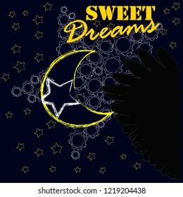 Good Night and Sweet Dreams.Night scene with moon,stars and wings from the owl.Nature.