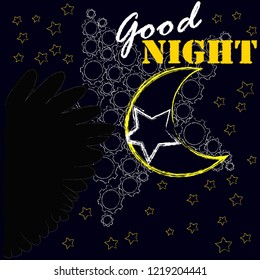Good Night and Sweet Dreams.Night scene with moon,stars and wings from the owl.Nature.