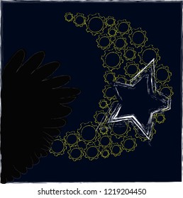 Good Night and Sweet Dreams.Night scene with moon,stars and wings from the owl.Nature.