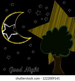 Good Night and Sweet Dreams.Night scene with moon,stars and the tree.Nature.