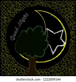 Good Night and Sweet Dreams.Night scene with moon,stars and the tree.Nature.