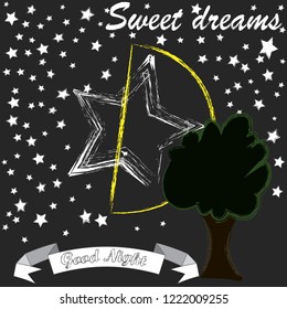 Good Night and Sweet Dreams.Night scene with moon,stars and the tree.Nature.