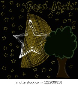 Good Night and Sweet Dreams.Night scene with moon,stars and the tree.Nature.