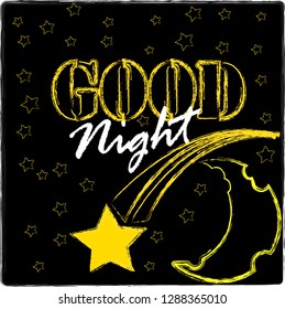 Good Night and Sweet Dreams.Night scene with moon,stars and shooting star in the space.Nature.