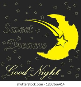 Good Night and Sweet Dreams.Night scene with moon,stars and shooting star in the space.Nature.