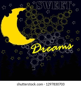 Good Night and Sweet Dreams.Night scene with moon and stars in the space.Nature.Rest Deeply.Sleep peacefully.Dream Sweetly.
