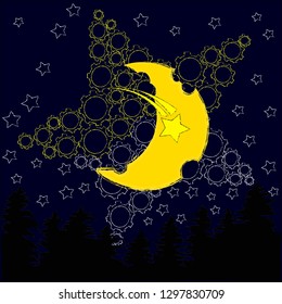 Good Night and Sweet Dreams.Night scene with moon and stars in the space.Nature.Rest Deeply.Sleep peacefully.Dream Sweetly.