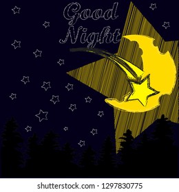 Good Night and Sweet Dreams.Night scene with moon and stars in the space.Nature.Rest Deeply.Sleep peacefully.Dream Sweetly.