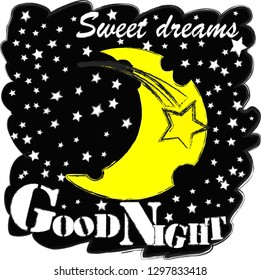 Good Night and Sweet Dreams.Night scene with moon and stars in the space.Nature.
