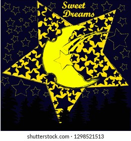 Good Night and Sweet Dreams.Night scene with moon and stars in the space.Nature.