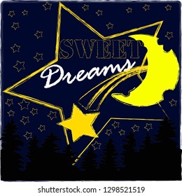 Good Night and Sweet Dreams.Night scene with moon and stars in the space.Nature.